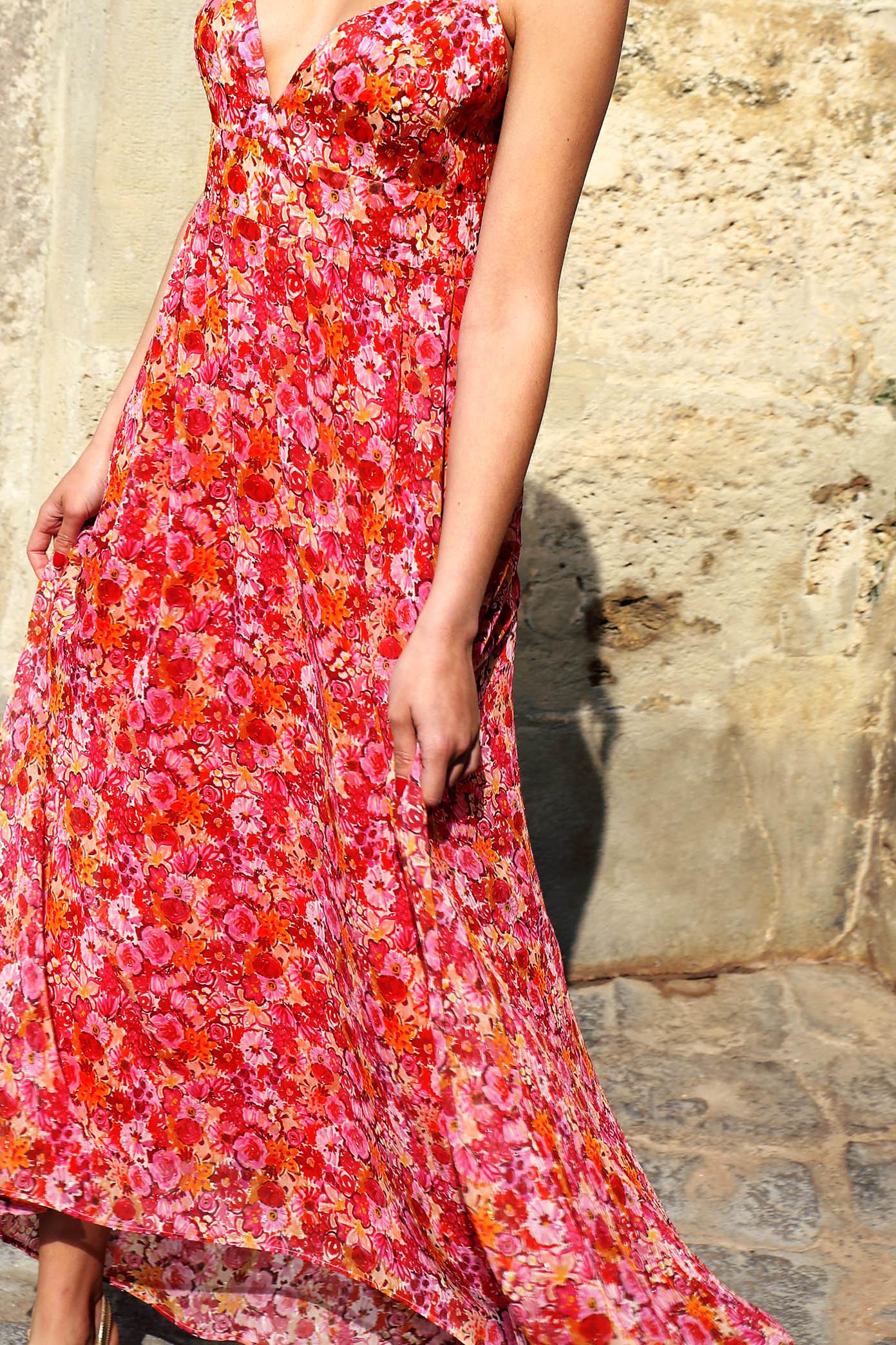Robe longue - invitée Rose print corail