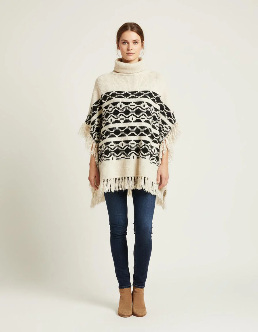 Poncho Ethnique En Maille Jacquar - Taille T.U.