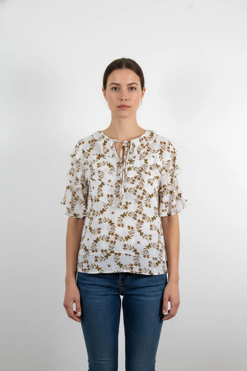 Blouse Blanche et Marron - Taille XS/34