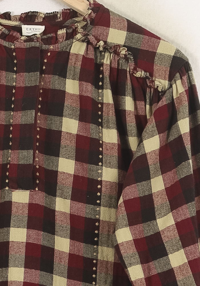 Blouse Carreaux Bordeaux et Beige - Taille XS/34 - Image 3