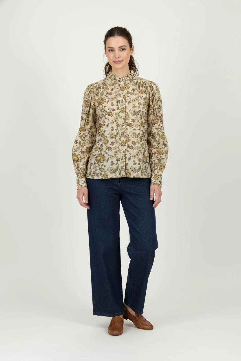 Blouse Fleurie Beige et Verte - Taille L/40