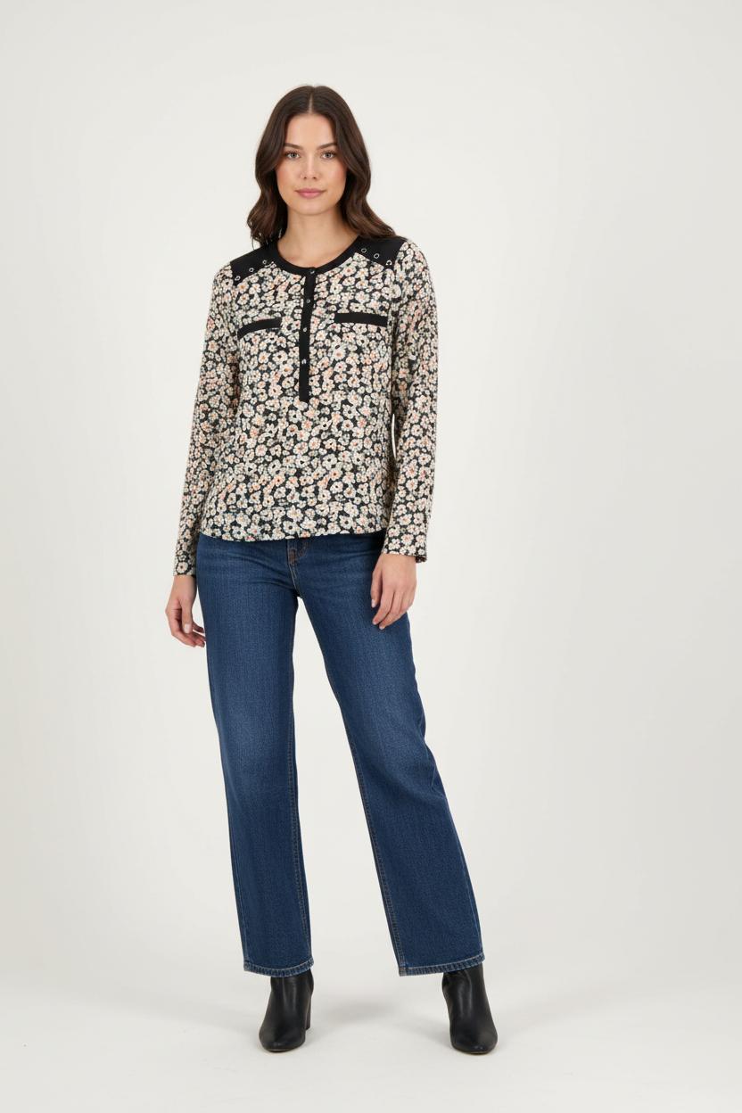 Blouse Fleurie Noire et Blanche - Taille XS/34