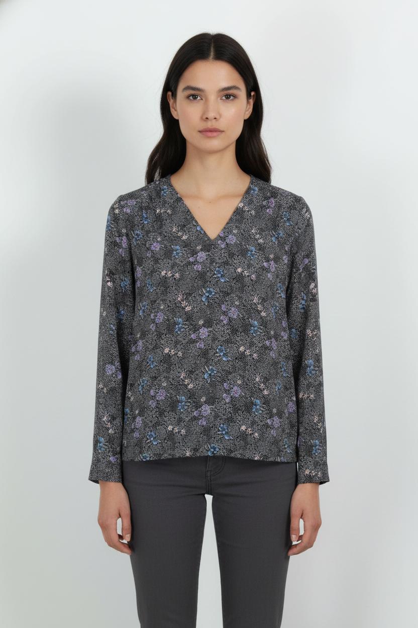Blouse Fleurie Noire et Bleue - Taille S/36
