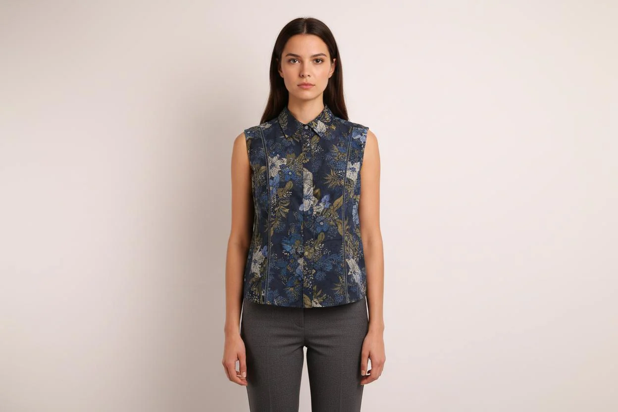 Blouse Sans Manches Bleu et Kaki - Taille L/40