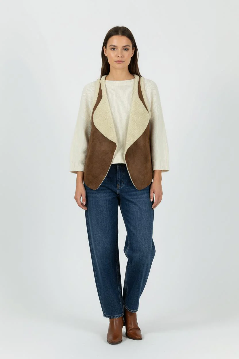 Gilet Sans Manches Marron et Beige - Taille L/40