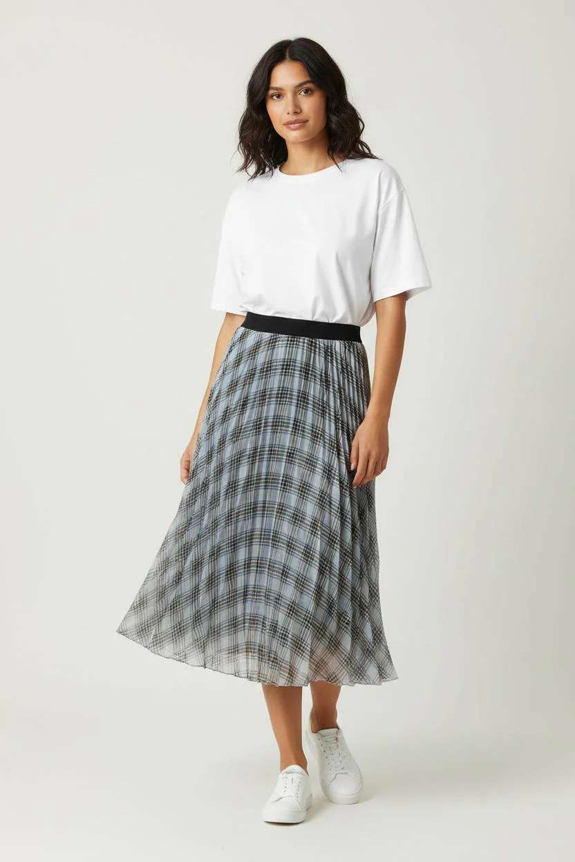 Jupe Longue Grise à Carreaux Noirs - Taille S/36