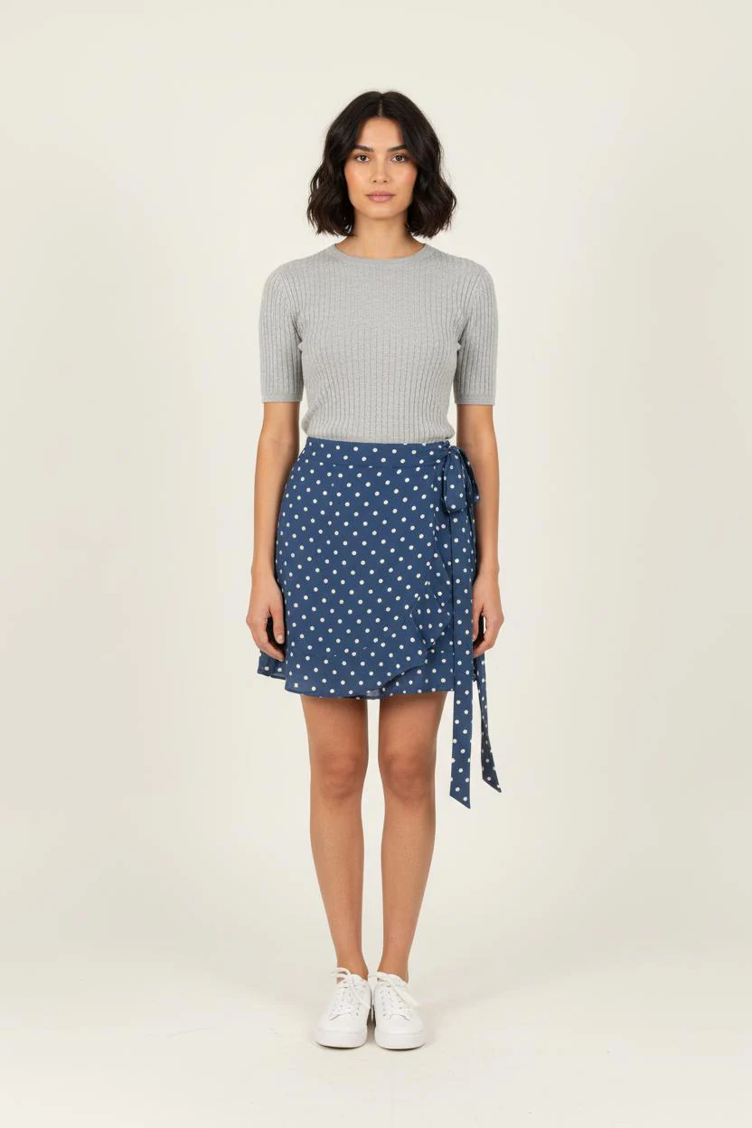 Jupe Portefeuille Bleue à Pois Blancs - Taille XL/42