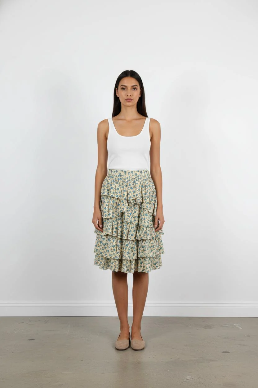 Jupe Volantée Écrue à Fleurs Bleues - Taille S/36