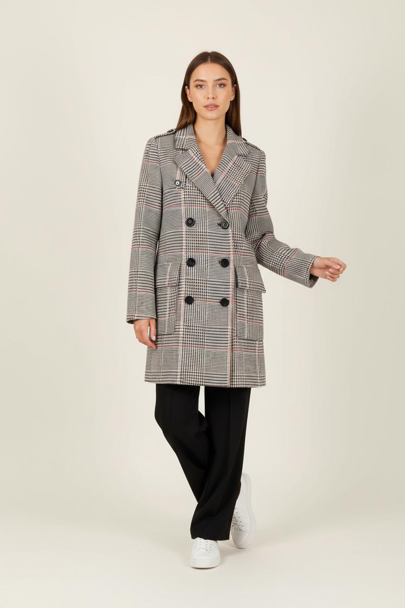 Manteau à Carreaux Gris et Rose - Taille S/36
