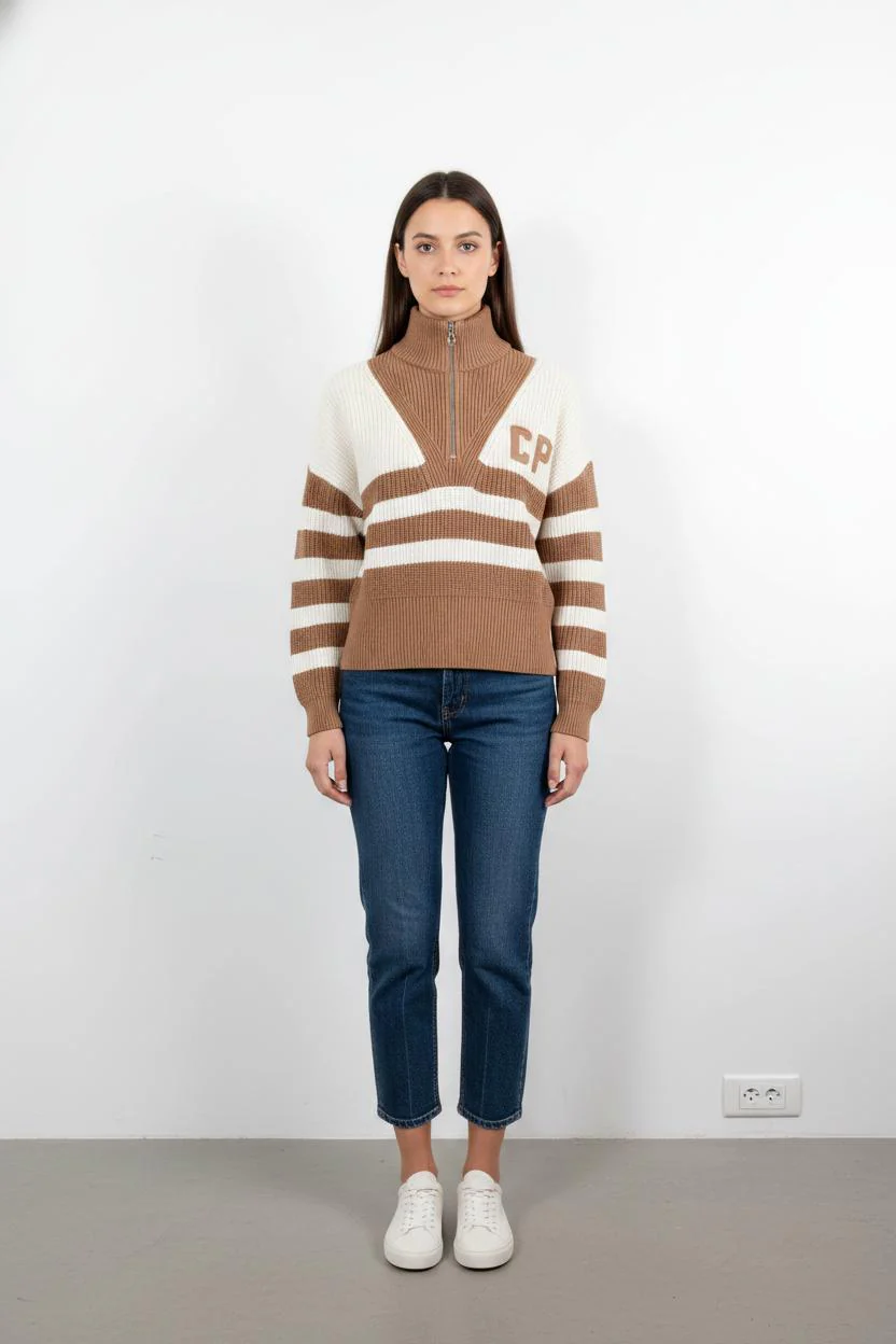 Pull Zippé Marron et Blanc - Taille L/40
