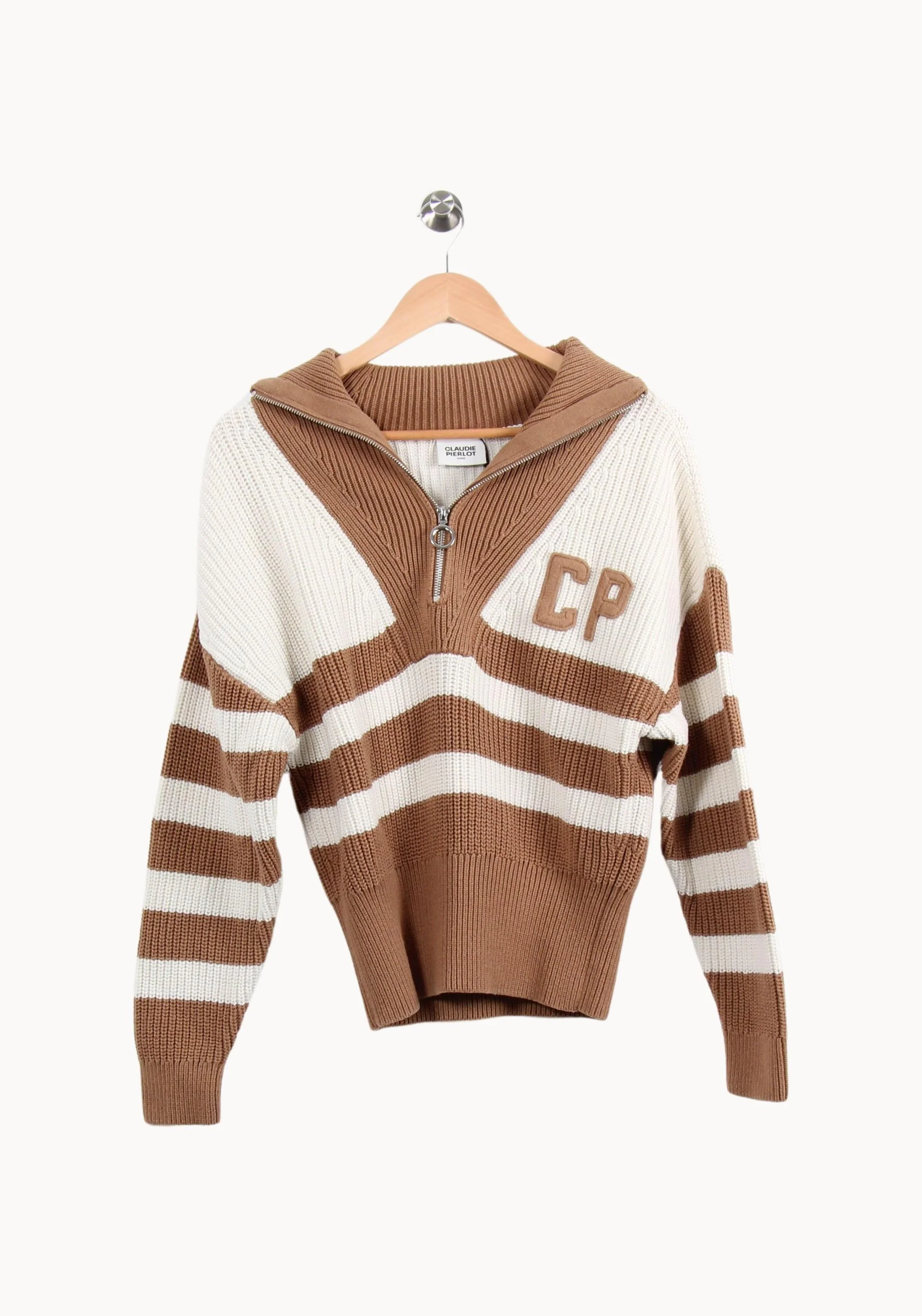Pull Zippé Marron et Blanc - Taille L/40 - Image 2