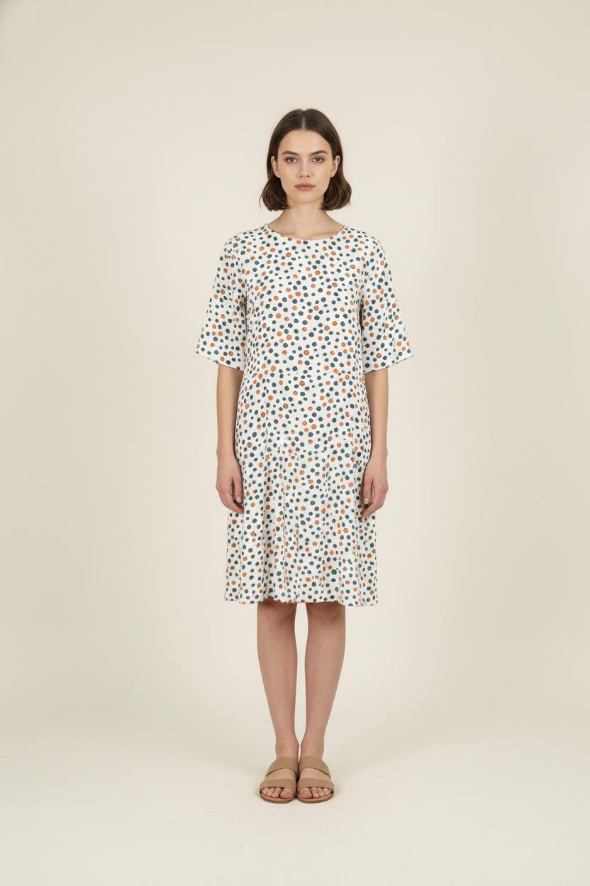 Robe Blanche à Pois Bleus et Oranges - Taille L/40