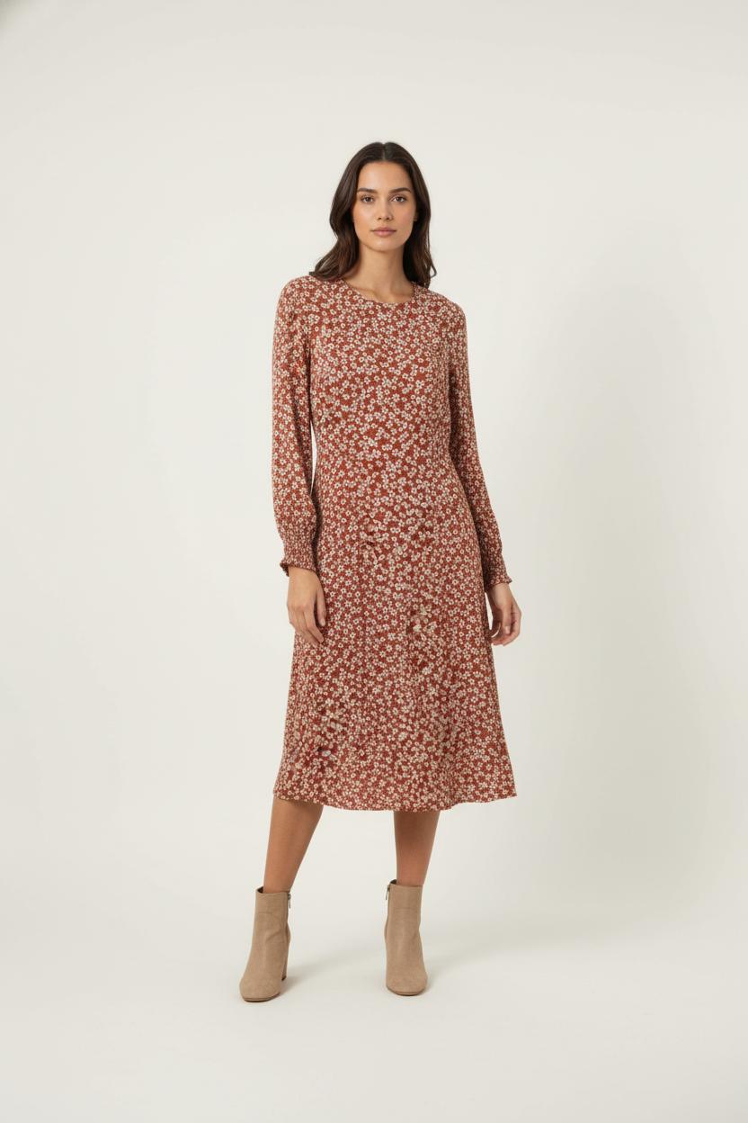 Robe Fleurie Marron et Blanche - Taille M/38