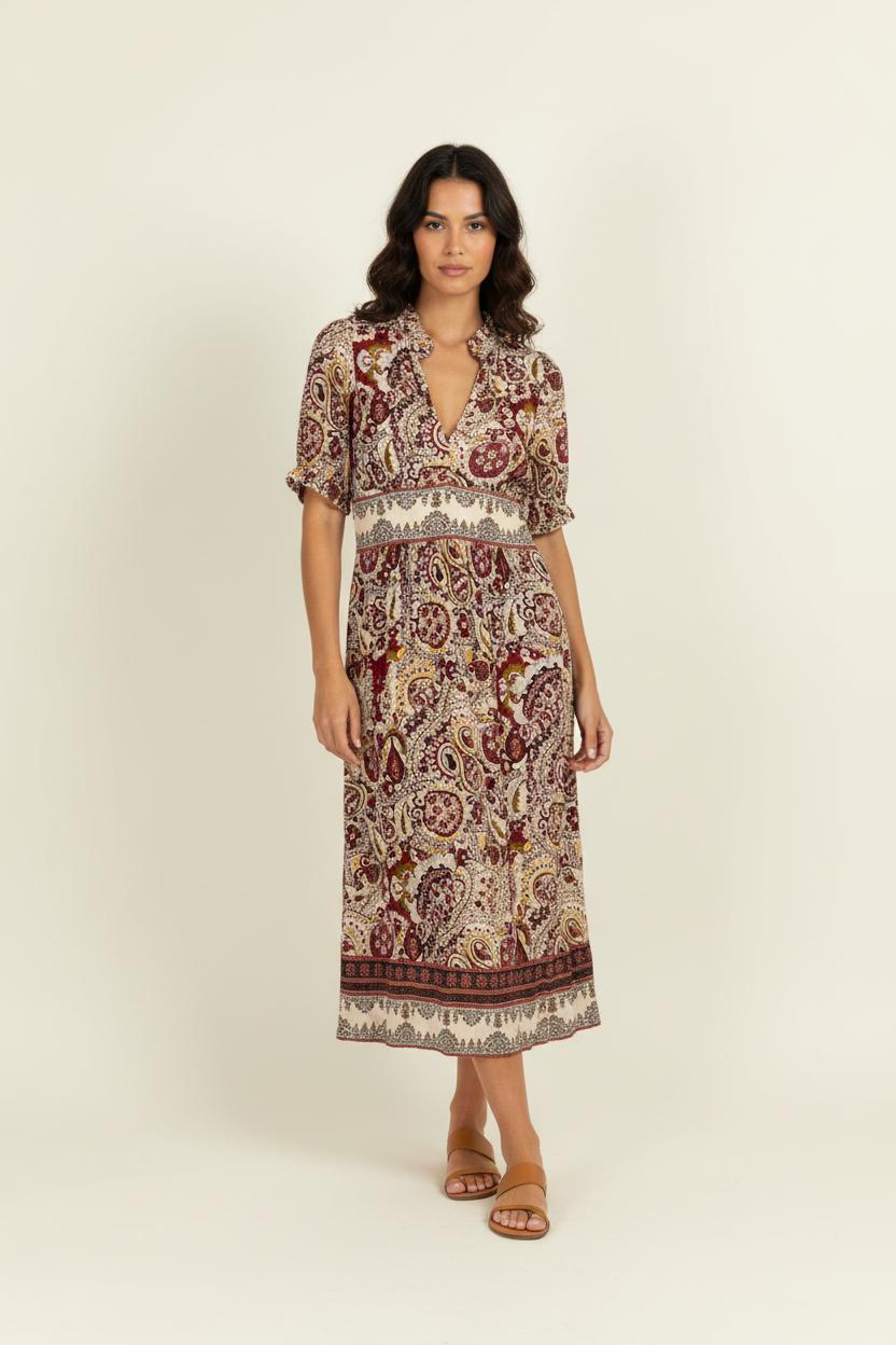 Robe Longue Beige et Bordeaux - Taille XS/34