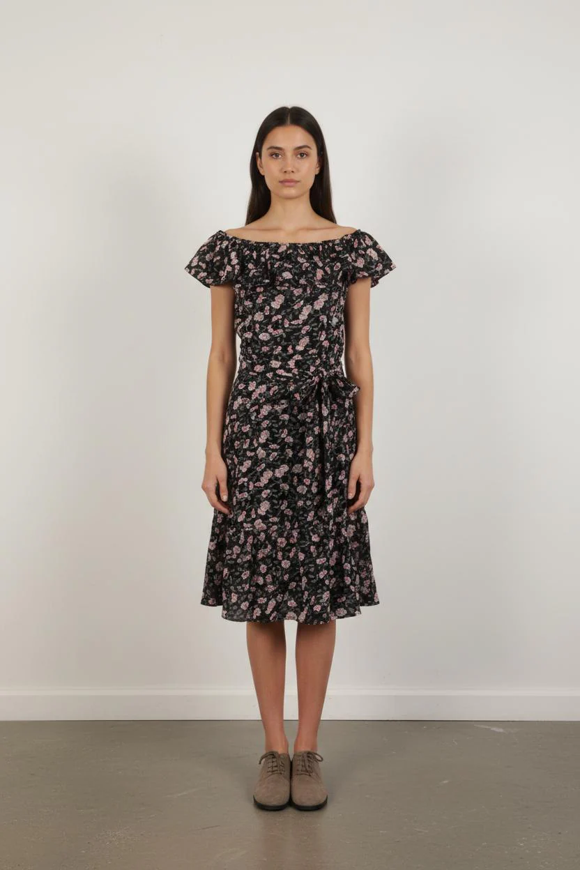Robe Longue Noire et Fleurie - Taille S/36