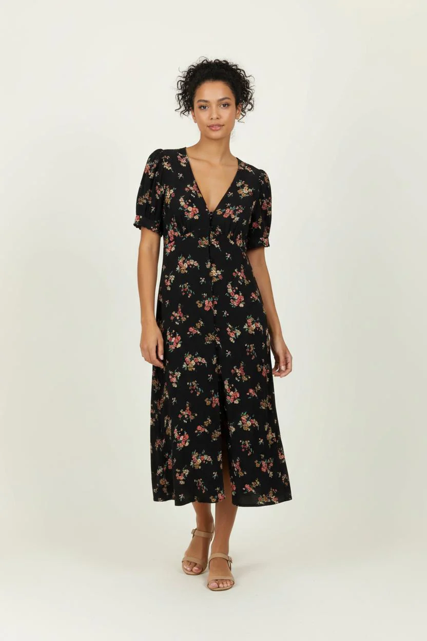 Robe Longue Noire et Fleurie - Taille XS/34