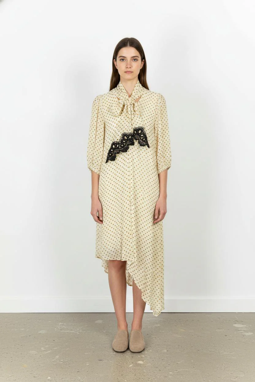 Robe Midi Crème à Pois Jaunes et Noir - Taille S/36