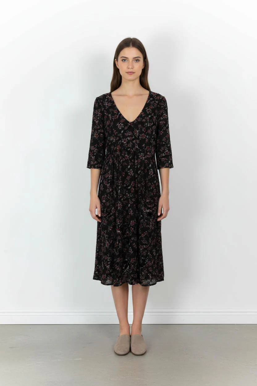 Robe Midi Noire et Fleurie - Taille XS/34