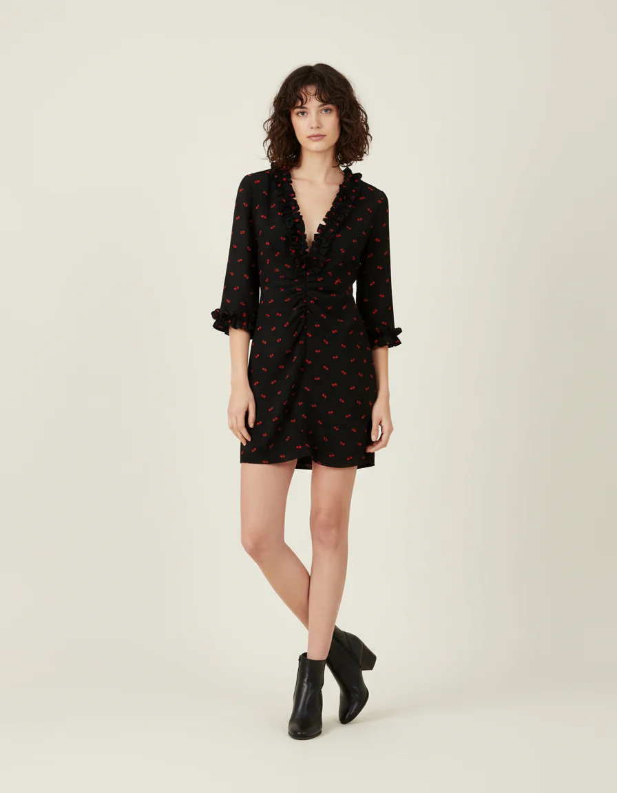 Robe noire à motifs cerises - Taille S/36