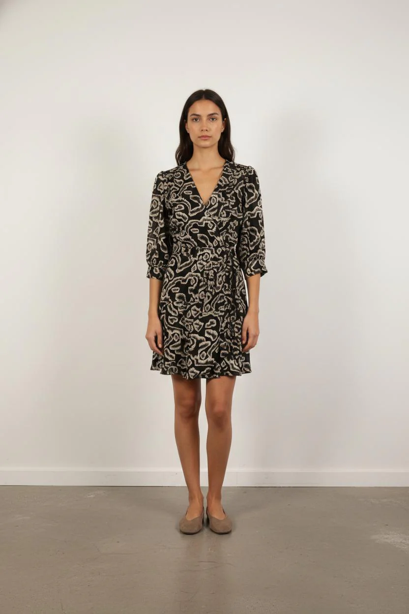 Robe Portefeuille Noire et Beige - Taille S/36