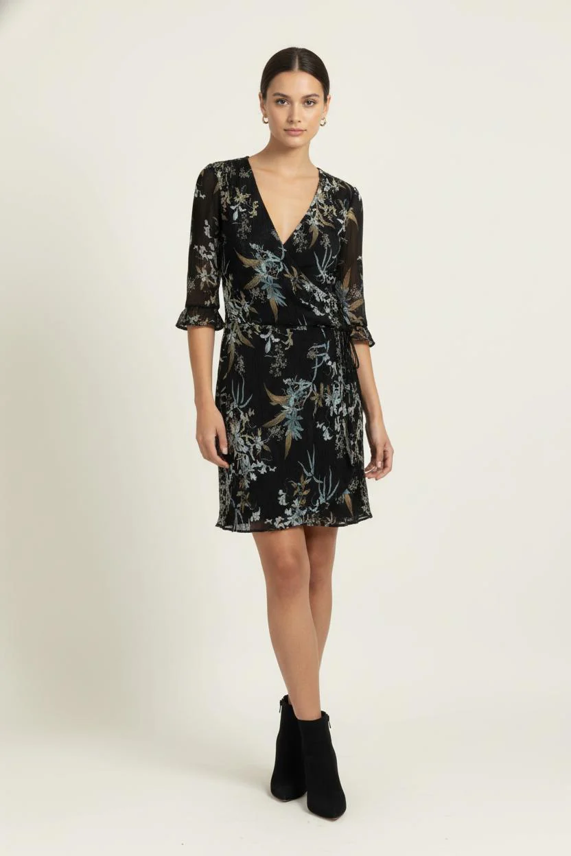 Robe Portefeuille Noire et Beige - Taille S/36