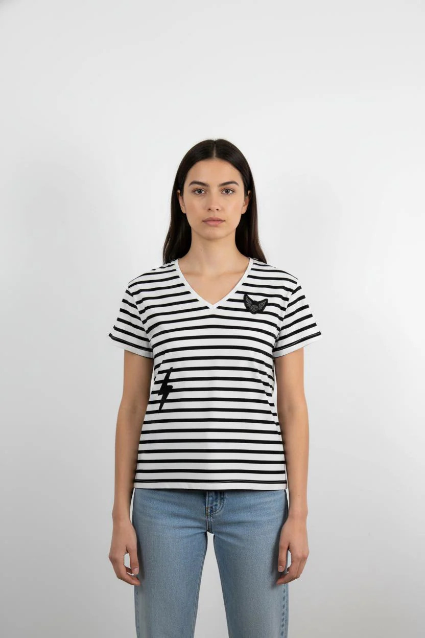 T-shirt blanc et noir rayé - Taille XS/34