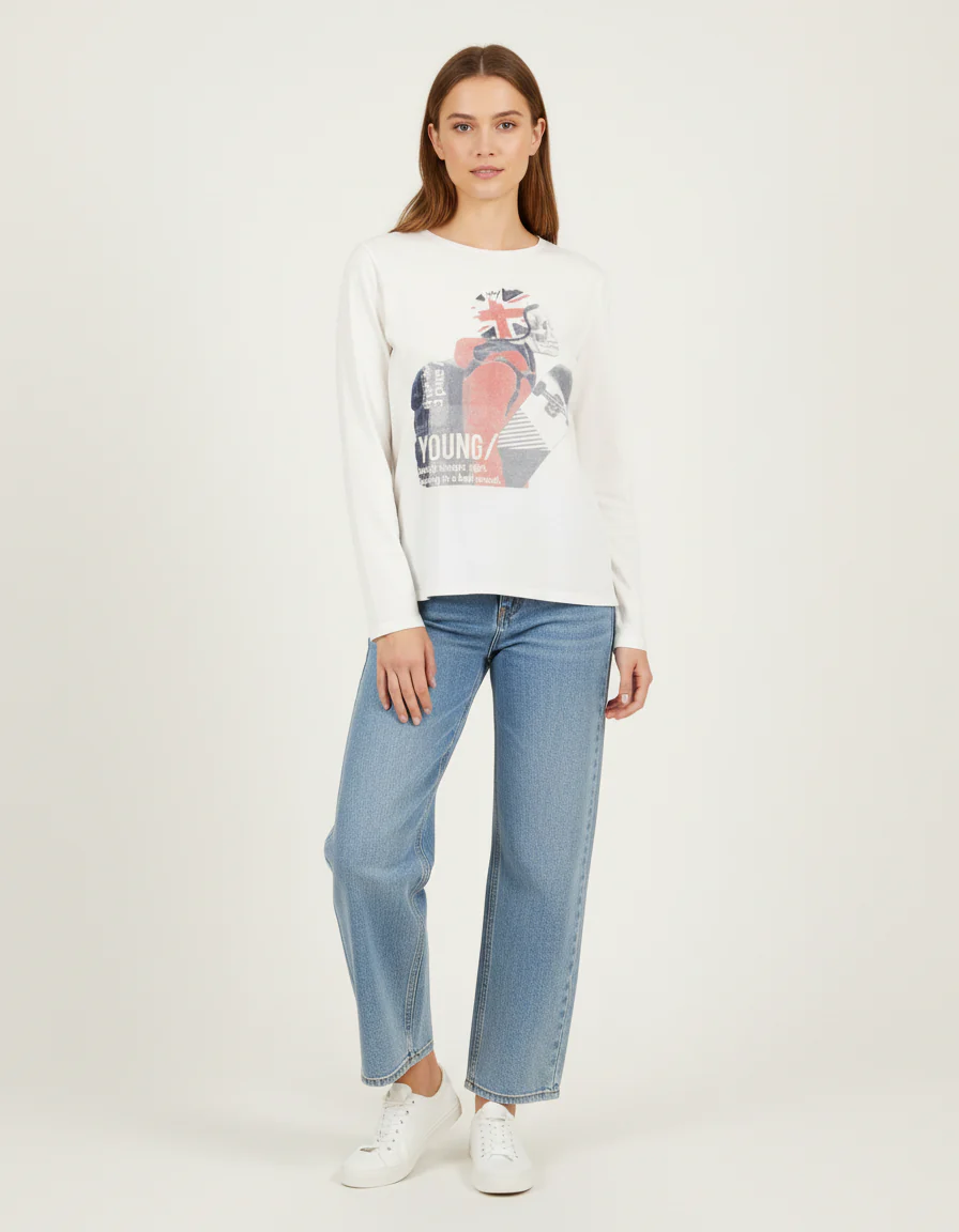 T-shirt manches longues blanc à motifs - Taille M/38