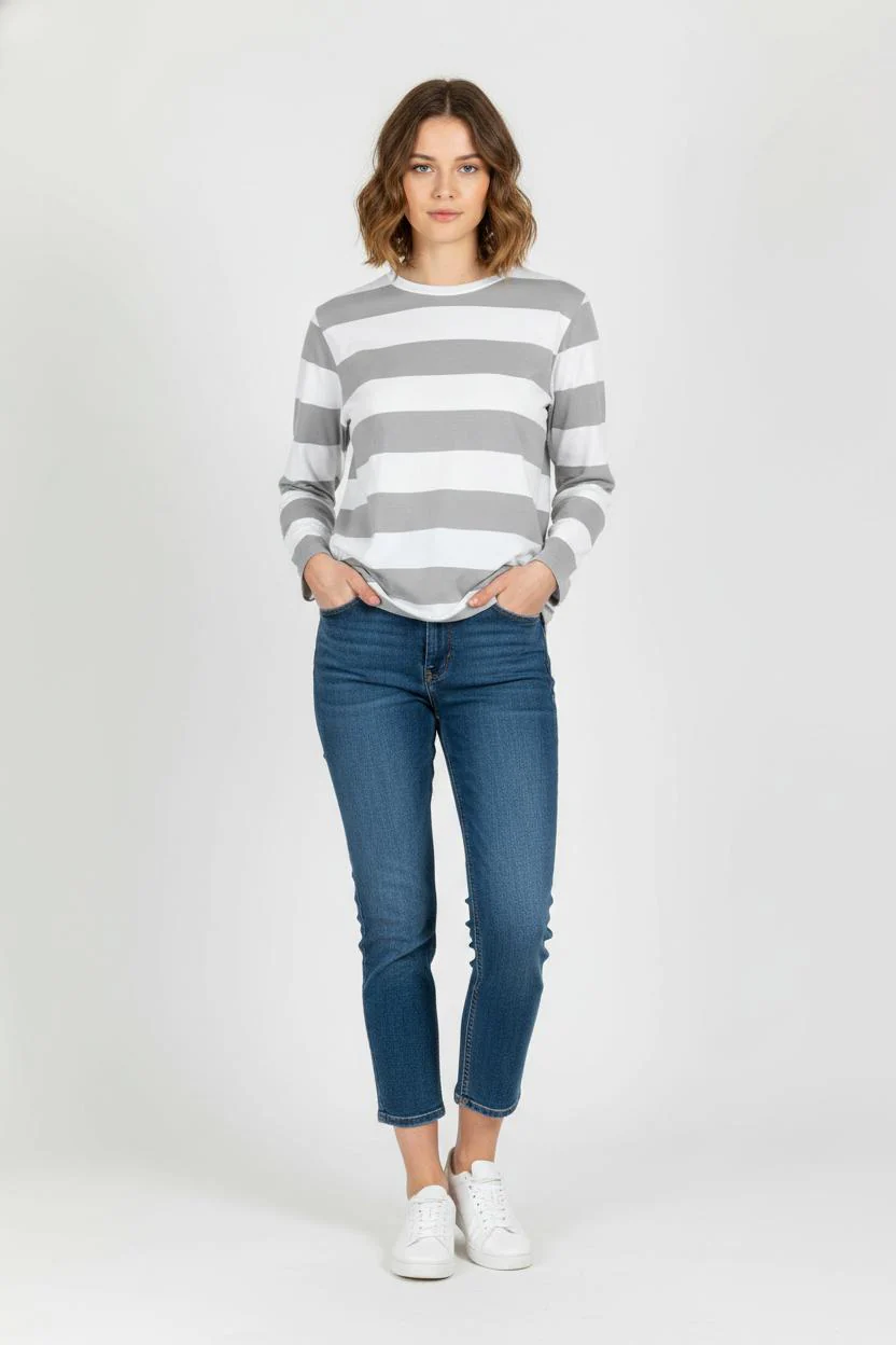 T-shirt Manches Longues Gris et Blanc - Taille M/38