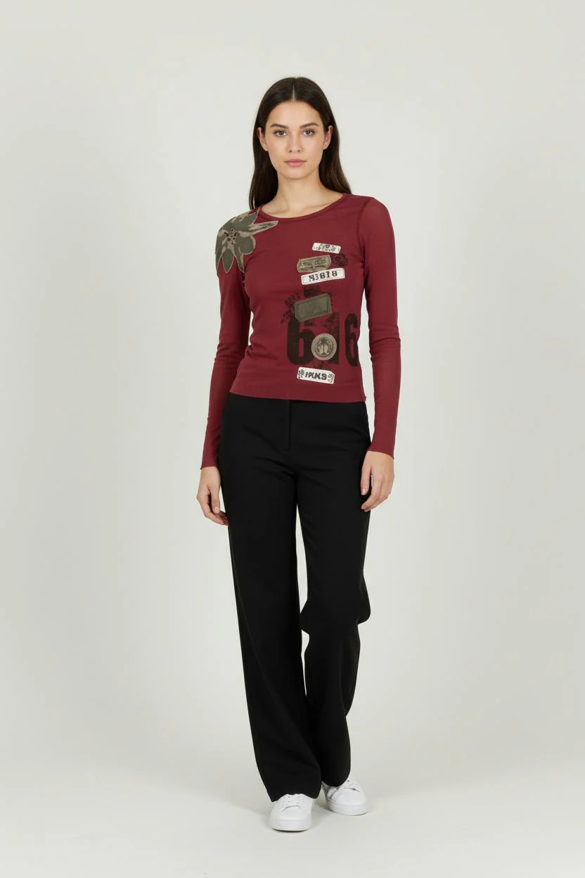 T-shirt Manches Longues Rouge et Kaki - Taille S/36
