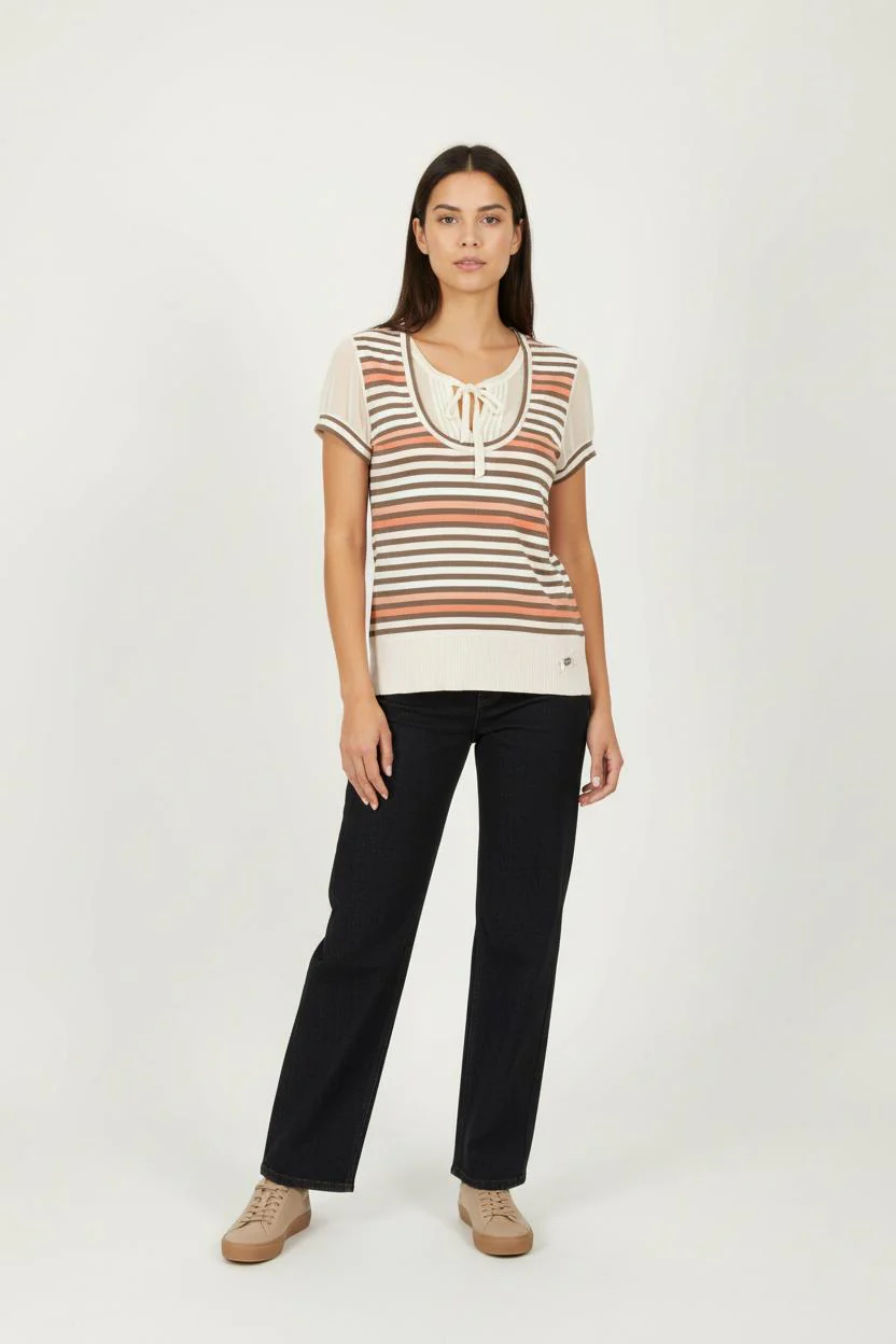 Tee-shirt Rayé Beige et Marron - Taille XL/42